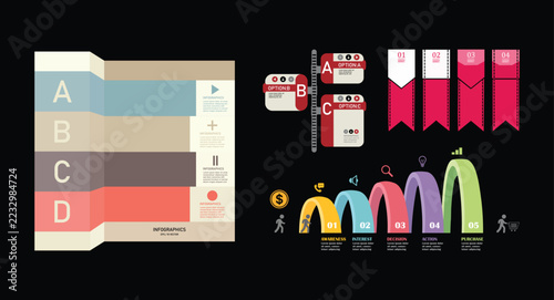 Infographic collection featuring a four-part horizontal bar chart, a vertical timeline with labeled options, numbered ribbon banners, and a five-stage wavy process flow diagram