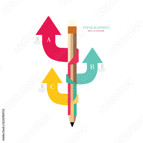Infographic template with a central wooden pencil wrapped by three colorful arrows labeled a, b, and c, featuring placeholder text and lightbulb icons on a white background