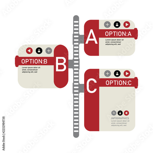 Infographic template with three labeled options, a, b, and c, featuring red and beige rounded rectangular panels connected to a central vertical gray slotted timeline bar
