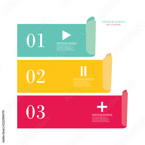 Three-step infographic template with horizontal rolled paper banners in teal, yellow, and pink, featuring numbered sections and placeholder text