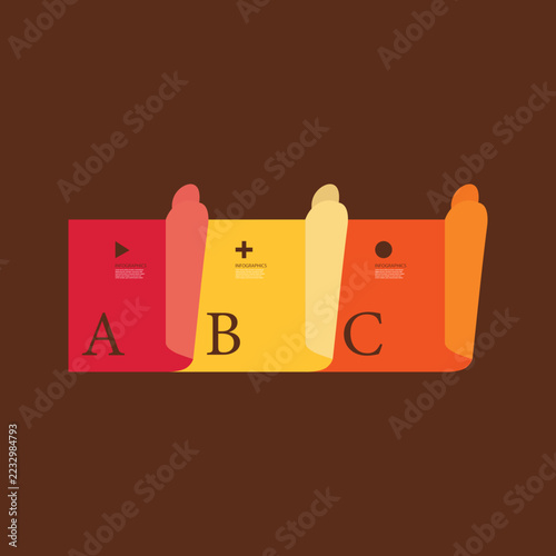 Three-step infographic template with rolled paper effect, featuring red, yellow, and orange sections labeled a, b, and c on a dark brown background