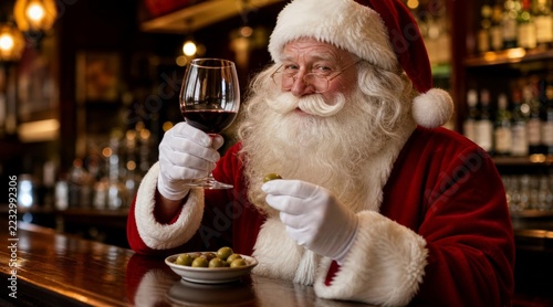 Santa Claus relaxing at a bar with a glass of red wine and olives