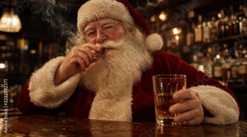 Santa Claus smoking a cigar and drinking whiskey in a cozy dark bar