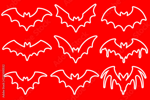 White online bat spooky Halloween icons bats set isolated red background

