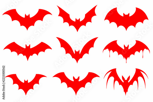 Red bats spooky Halloween icons bat set isolated white background