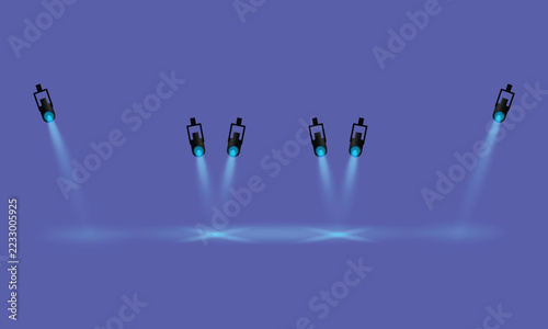 Seven stage lights illuminate a blue gradient background creating a dramatic spotlight effect spotlights illumination lighting stagecraft theatre performance concert