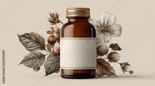 A label design for an amber glass jar with a white background and a blank label. Use earth-tone colors and botanical leaves in the pattern border of the jar.