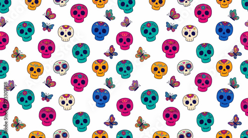 Whimsical Day of the Dead Pattern with Colorful Skulls and Butterflies