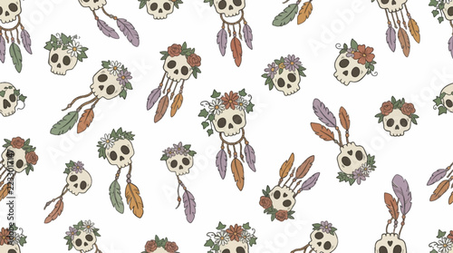 Whimsical Bohemian Skull and Floral Seamless Pattern Vector