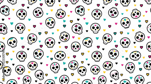 Flat Style Sugar Skull and Heart Whimsical Tossed Pattern