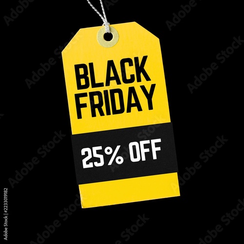 Obraz na plátně Black Friday price tag displaying 25 percent off in bold black and yellow letter
