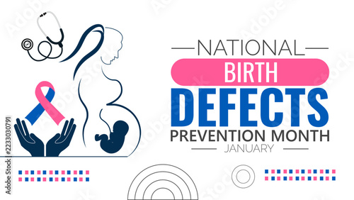 National Birth Defects Prevention Month awareness graphic with pregnant woman silhouette, stethoscope, and awareness ribbon on white background