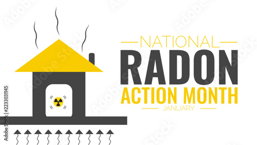 National Radon Action Month Awareness Graphic with House Illustration and Radioactive Hazard Symbol on White Background