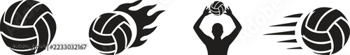 Stylish Volleyball Icons Set in Black Fill Vector Collection Featuring Volleyball, Serving, Spiking, Sports Equipment. Modern Sports Symbols for Athletic Activities, Isolated on Transparent Background