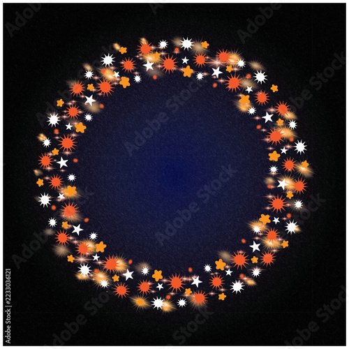 Festive circular frame made of glowing orange and white stars and sparkles on a dark blue background.