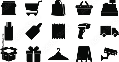 Black Retail Shopping Silhouette Icons Supermarket Cart Barcode Reader Gift Box Storefront Vector Set