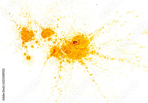 Obraz na plátně Vivid yellow pigment powder heap on textured paper in white background, png, cut