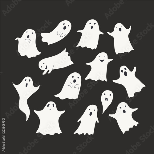 Halloween ghost collection. Season print. Vector illustration on dark background