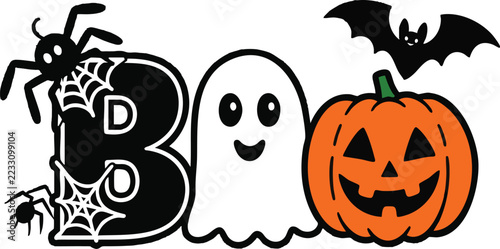 Halloween boo text design with cute ghost spider pumpkin and bat flat vector illustration for holiday greeting card and party decoration