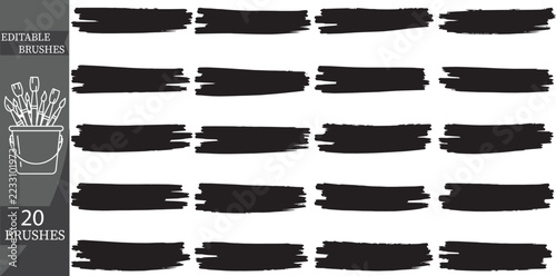 20 Bold Black Paint Brush Strokes with Distressed Edges for Text Highlights, Creative Banners and Graphic Design