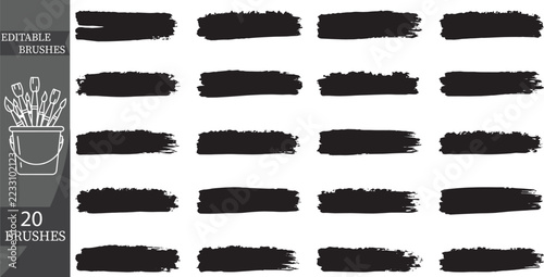 20 Bold Black Brush Strokes with Rough Painted Edges for Typography Highlights, Banners and Graphic Design
