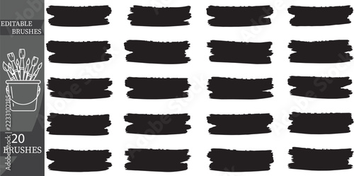 20 Bold Black Brush Strokes with Solid Paint Textures for Modern Graphic Design, Text Highlights and Banners