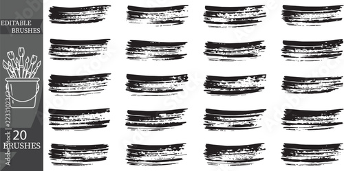 20 Black Dry Brush Strokes with Rough Ink Textures for Artistic Design, Grunge Effects and Creative Overlays