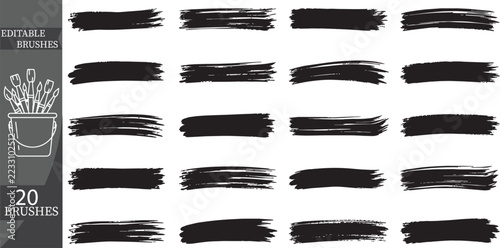 20 Black Dry Brush Strokes Collection on White Background for Artistic Design and Creative Textures
