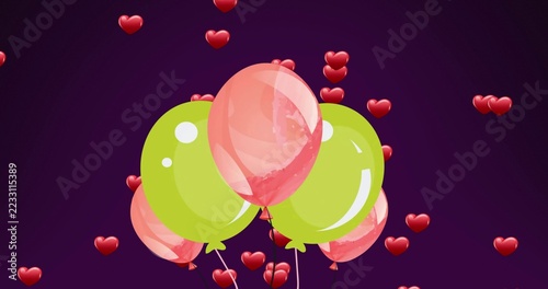Floating 3 lime-green 2 pink glossy balloons, thin strings in deep purple indigo gradient