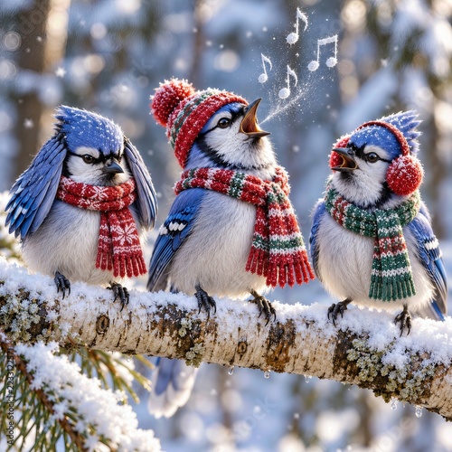 Three blue jays wearing festive hats and scarves perch on a snowy branch, with musical notes floating in the frosty air
