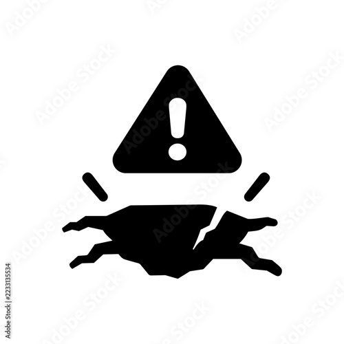 Road Surface Sinkhole with Warning Triangle, Dangerous Road Damage and Traffic Safety Solid Black Icon