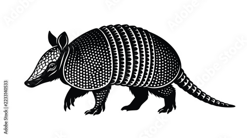 Nine banded armadillo depiction in a black and white silhouette