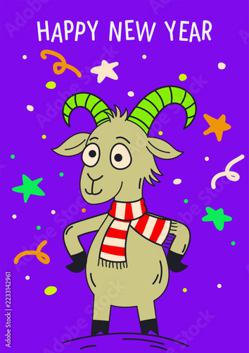 Happy New Year 2027 Greeting Card with Cartoon Goat Illustration
