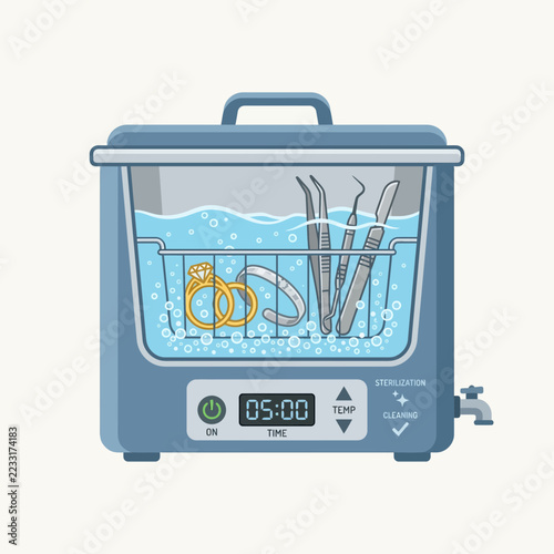 Jewelry and utensils being sterilized in a ultrasonic cleaner.