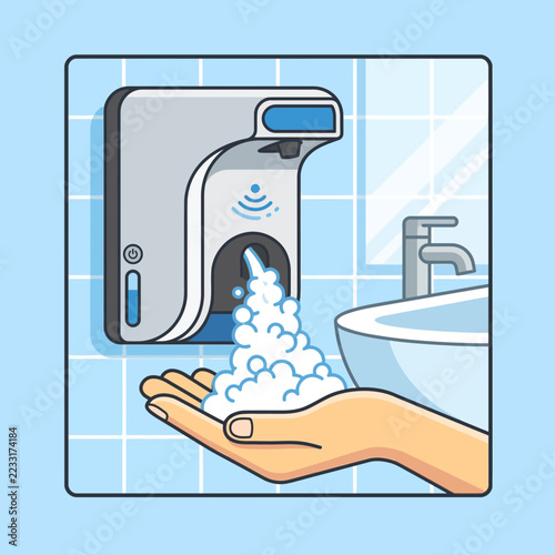 Hand holding soap dispenser with foam in a bathroom setting.