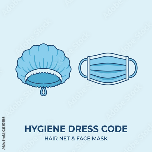 Illustration of a hair net and face mask for hygiene purposes.