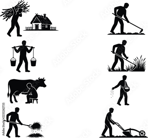 Traditional rural farming activities and agricultural labor silhouettes featuring livestock care, harvesting, soil cultivation, irrigation, and homestead life