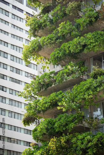 Building with lush green vertical gardens in city, eco-friendly house filled with exotic greenery, apartment building with growing plants cascading from outdoor balconies, sustainable living design.