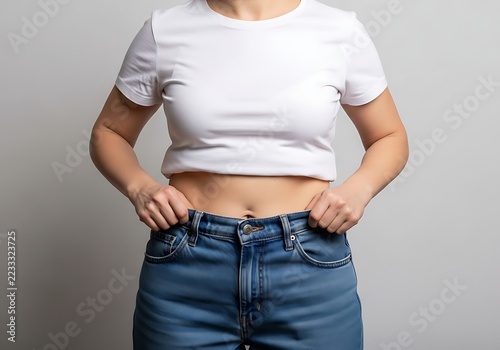 Person holding up loose jeans waist