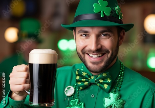 Man in green hat drinking beer cheerfully