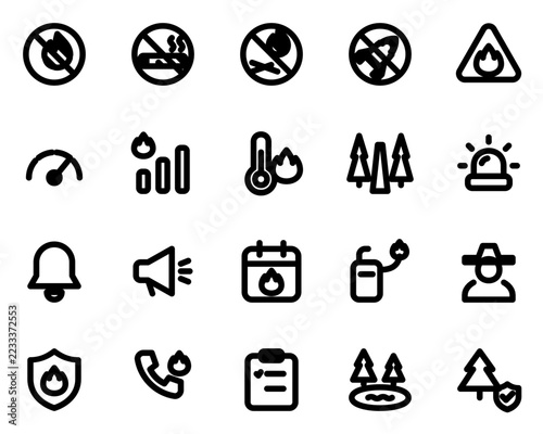 Fotografie Wildfire prevention and warning icon set in outline style: no fire, no smoking,