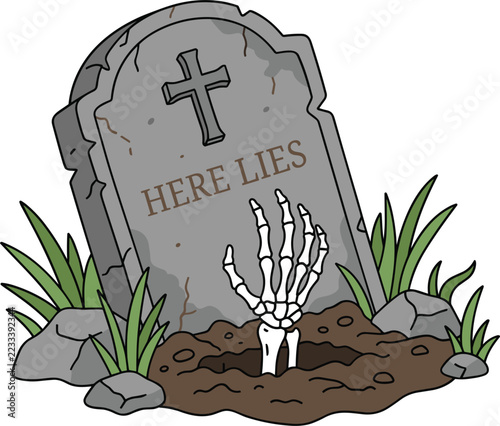 Halloween tombstone with skeleton hand rising from the ground grave illustration for spooky holiday design elements