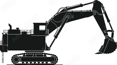 Heavy construction excavator black silhouette vector illustration isolated on white background for industrial machinery design