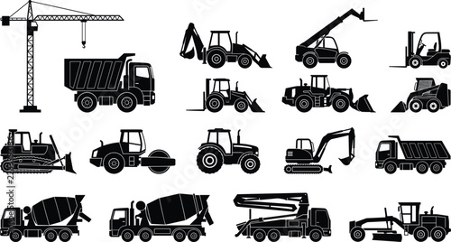 Heavy construction machinery vector icon set containing black silhouette elements of trucks tractors cranes and excavators