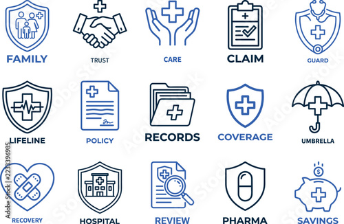 Health insurance medical coverage icons for healthcare financial services