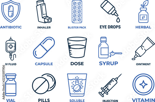 Medical healthcare pharmacy medicine icons for medication and care services