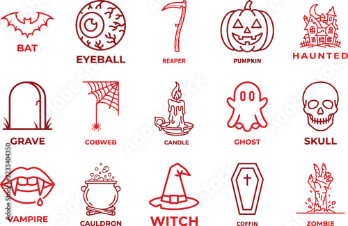 Halloween horror spooky bold outline icons for seasonal decorations