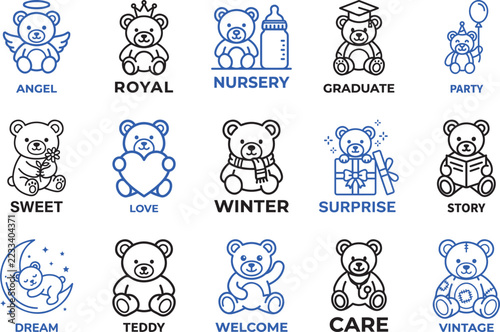 Cute teddy bear baby nursery icons for children and care