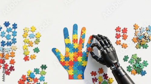 Robotic hand arranging colorful jigsaw puzzle pieces to form a large hand shape on a white table in a creative conceptual automation scene