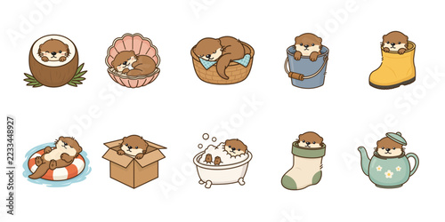 Cute otter collection in everyday objects and containers illustration set